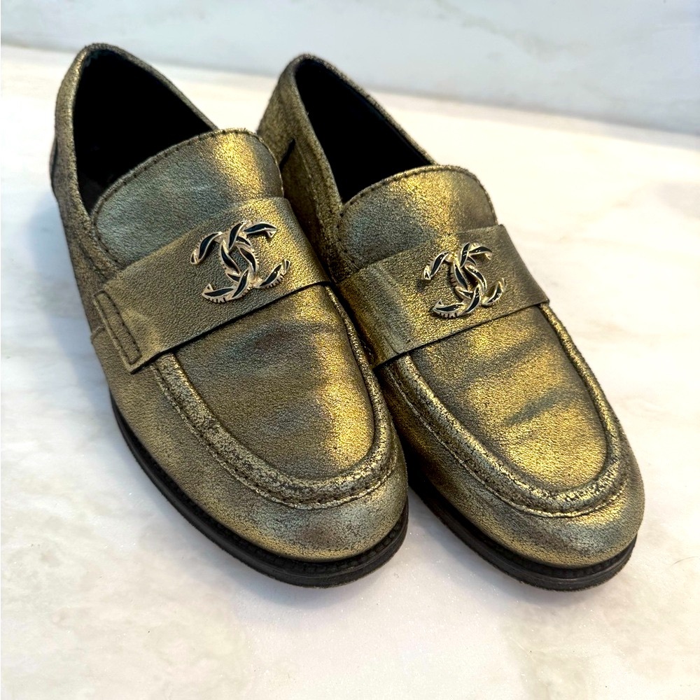 CHANEL Metallic Gold Loafers